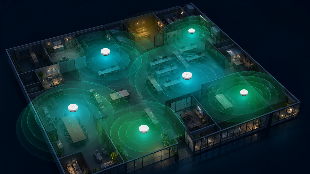 Office floor plan with overlapping wireless access point coverage fields