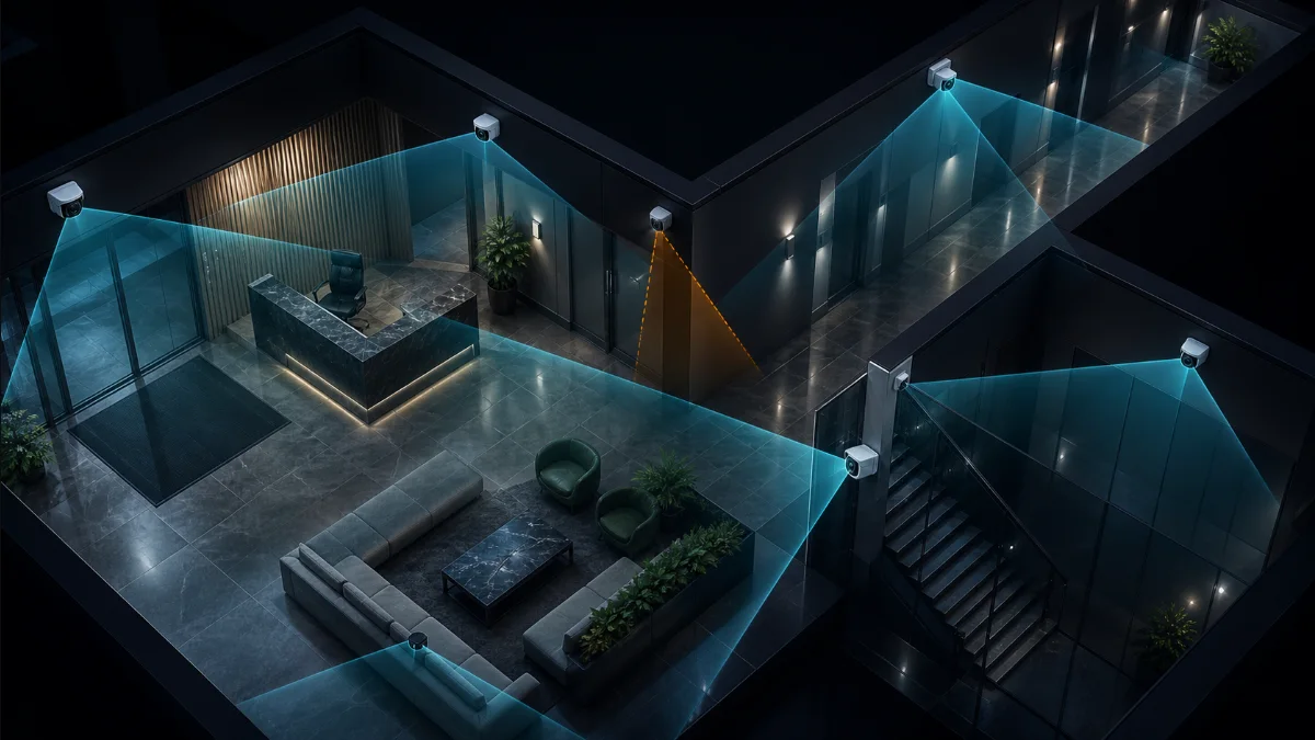 Security camera coverage cones across a commercial lobby and corridor