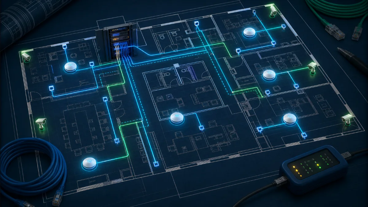 Installation-ready network floor plan showing devices and cable paths