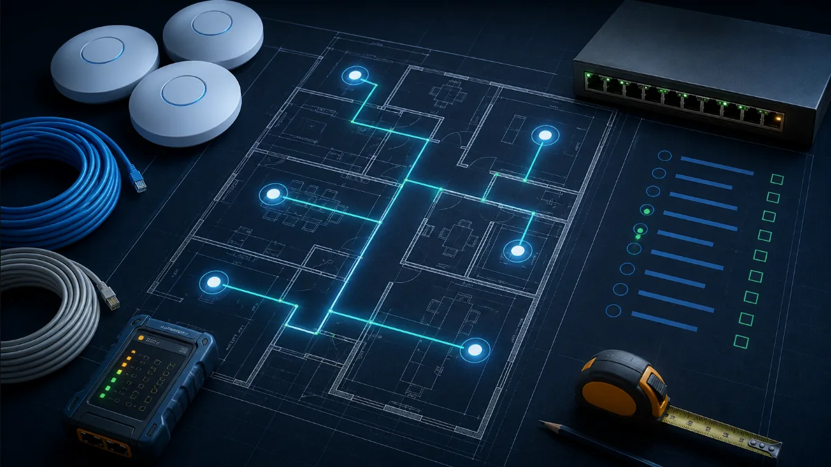 Network installation equipment arranged over a detailed floor plan