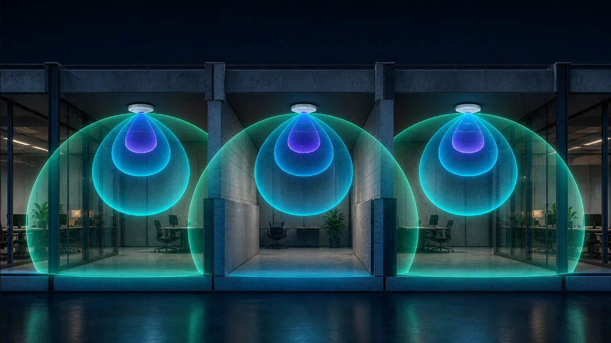 Three office sections visualizing different wireless frequency coverage ranges