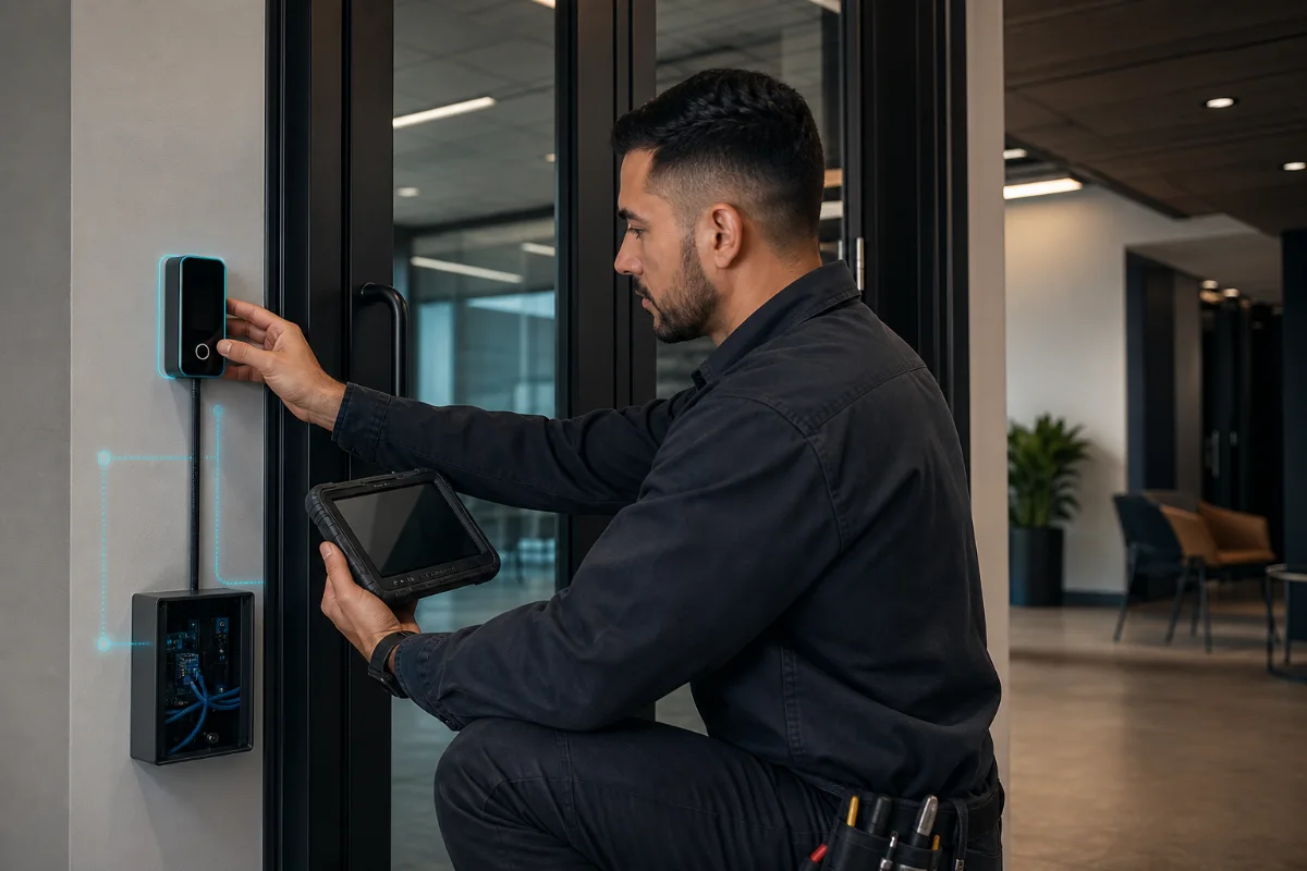Access control technician commissioning a wall-mounted reader beside a glass office door