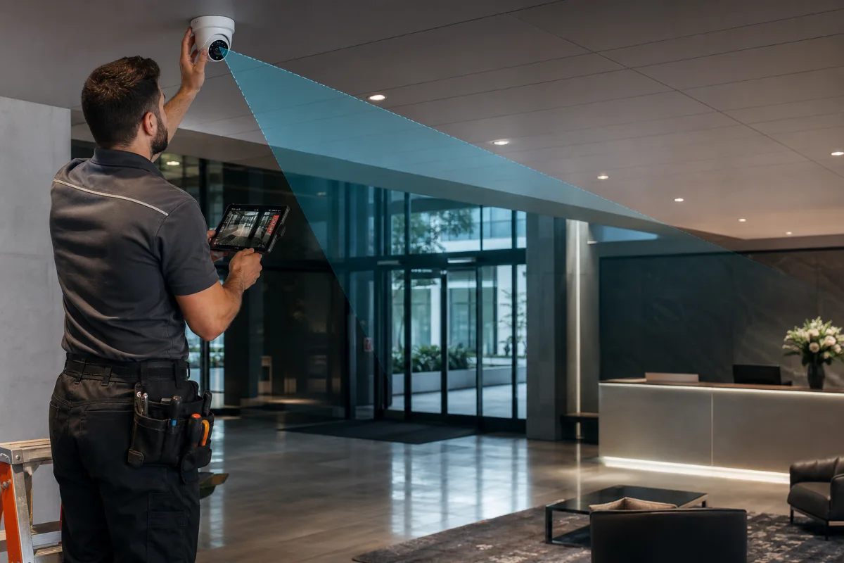 Security technician aiming a commercial surveillance camera and validating its field of view