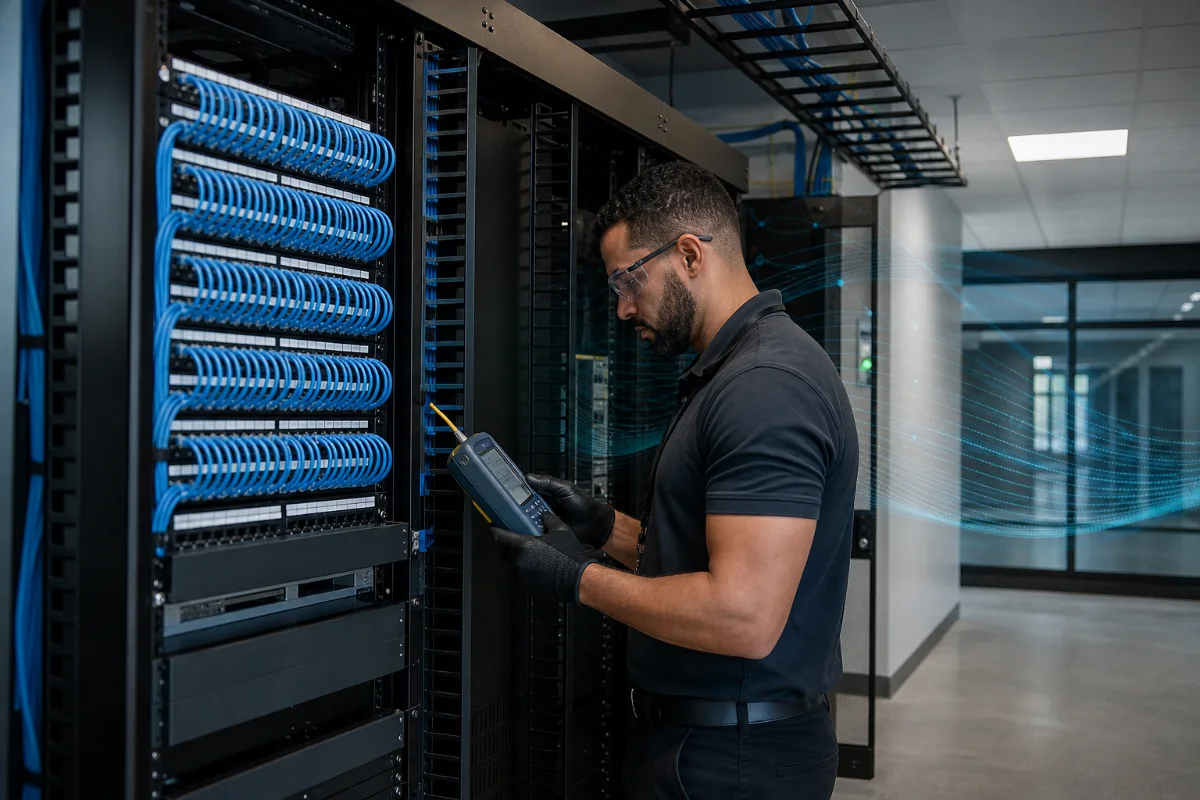 Network technician testing organized Cat6 cabling in a commercial equipment rack