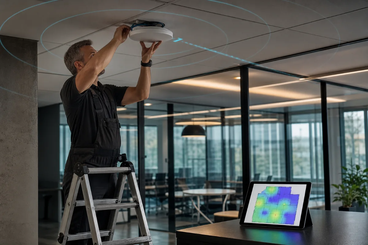 Network technician installing a ceiling-mounted wireless access point in a modern office